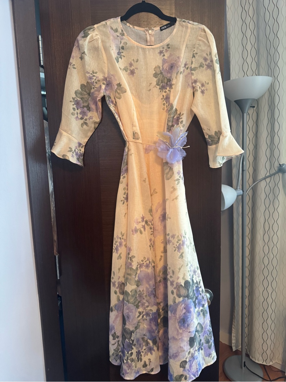 Pale Yellow Midi Dress with Lilac Floral Accents